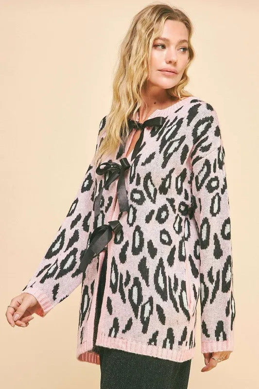 Davi & Dani Leopard Ribbon Tie Front Loose Fit Cardigan Cardigans