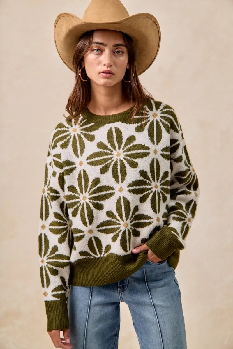 BiBi Flower Pattern Long Sleeve Sweater Olive | Sweaters Daverri Fashions