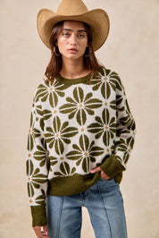 BiBi Flower Pattern Long Sleeve Sweater Olive | Sweaters Daverri Fashions