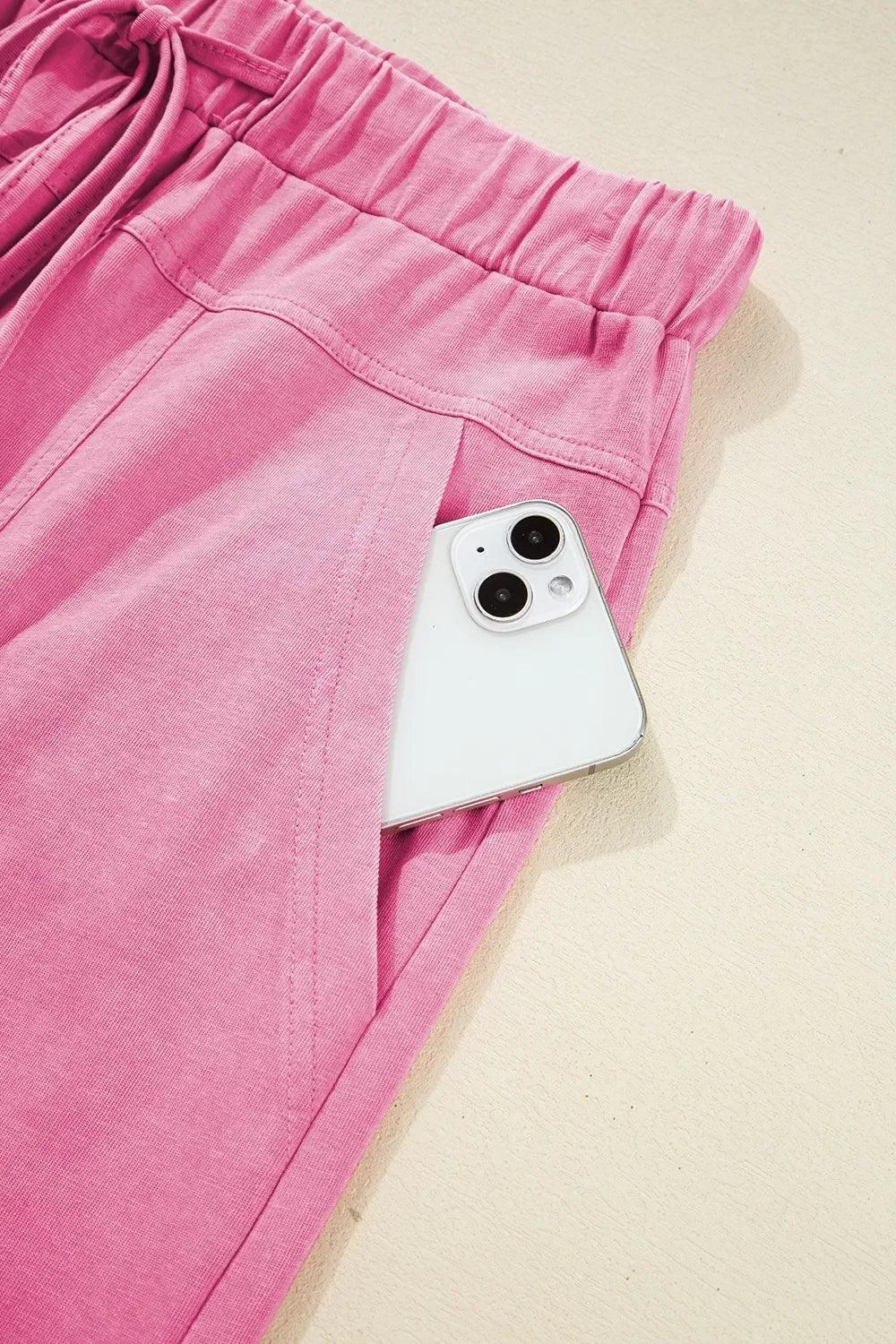 Mineral Wash Exposed Seam Drawstring High Waist Wide Leg Cargo Pants - DAVERRI FASHIONS