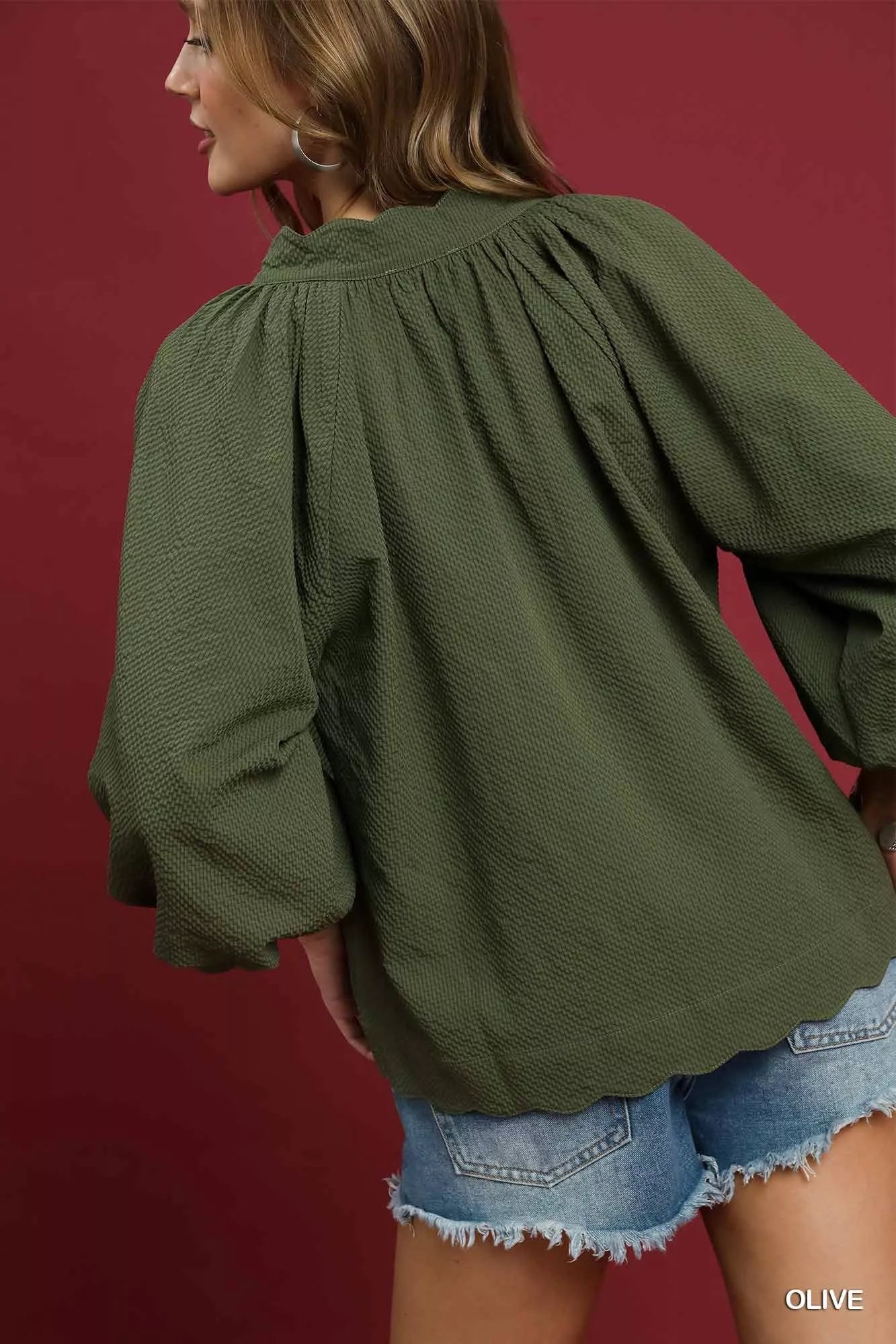Umgee Full Size Textured Notched Balloon Sleeve Blouse Plus Size | Blouses Daverri Fashions