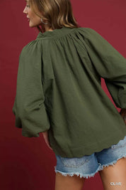 Umgee Full Size Textured Notched Balloon Sleeve Blouse Plus Size | Blouses Daverri Fashions