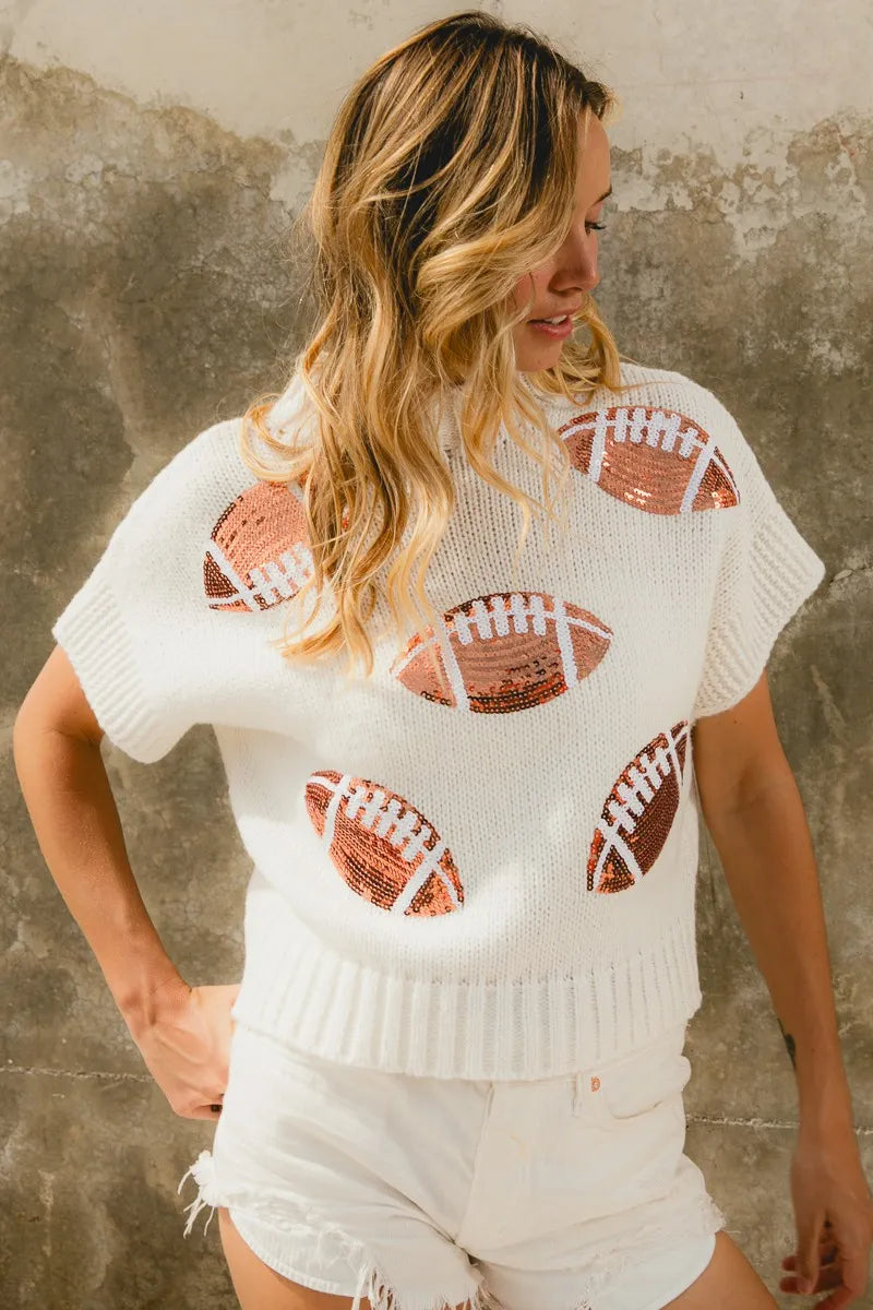 BiBi Gameday Sequin Football Patches Rib Banded Sweater | Sweaters Daverri Fashions