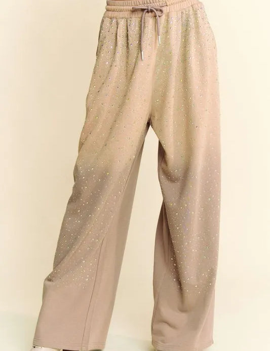 Tan Davi & Dani Rhinestone Drawstring Wide Leg Pants | Pants Daverri Fashions