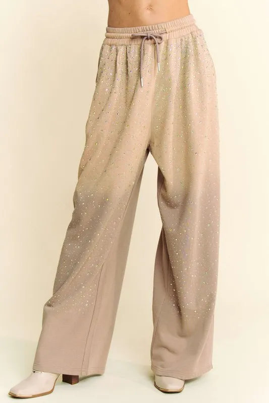 Davi & Dani Rhinestone Drawstring Wide Leg Pants Tan Pants