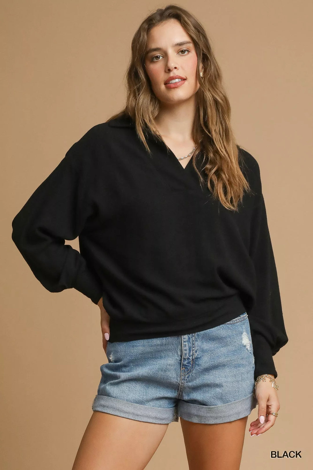 Black Umgee Linen Long Sleeves Elastic Hem Blouse | Daverri Fashions