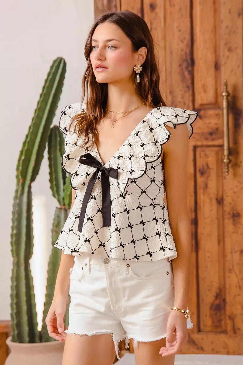 SO ME Bow Texture Jacquard Woven Top with Scallop and Tie | Blouses Daverri Fashions