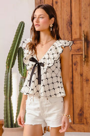 SO ME Bow Texture Jacquard Woven Top with Scallop and Tie | Blouses Daverri Fashions