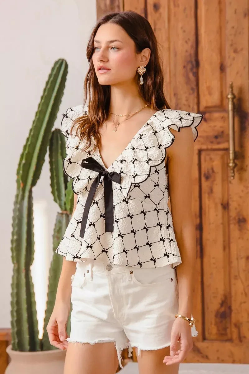 SO ME Bow Texture Jacquard Woven Top with Scallop and Tie - DAVERRI FASHIONS