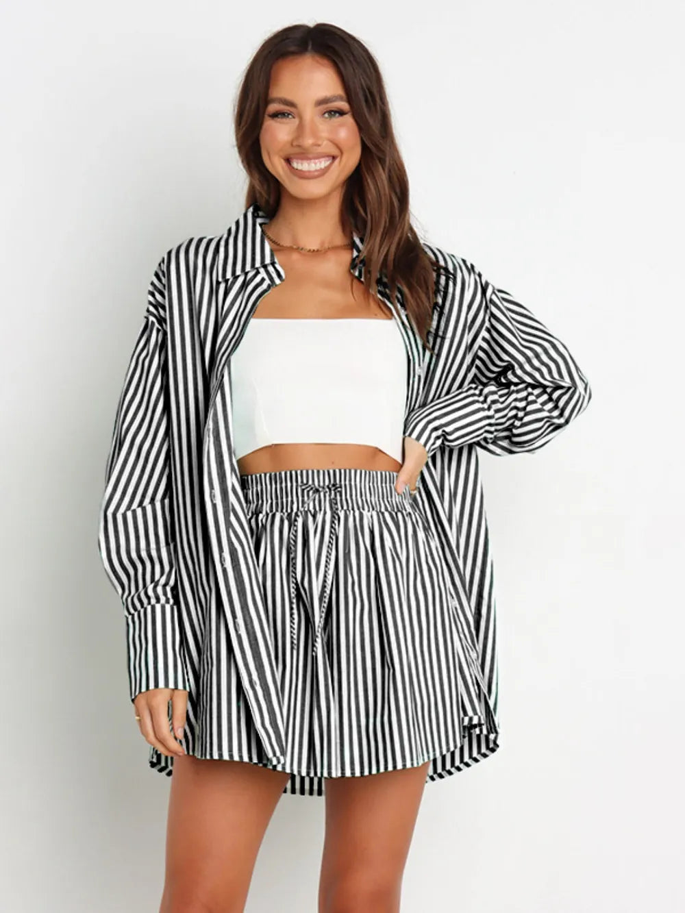 Black and white striped oversized button-up shirt with relaxed fit
