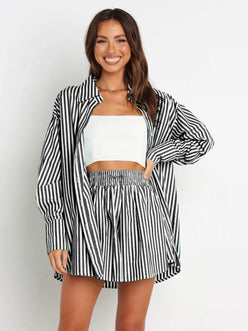 Black and white striped oversized button-up shirt with relaxed fit