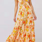 Floral print tie front tiered maxi dress in peach with orange yellow flowers