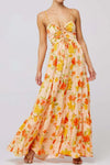 Floral print tie front tiered maxi dress in peach with orange yellow flowers
