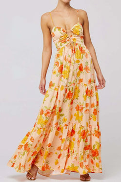 Floral print tie front tiered maxi dress in peach with orange yellow flowers
