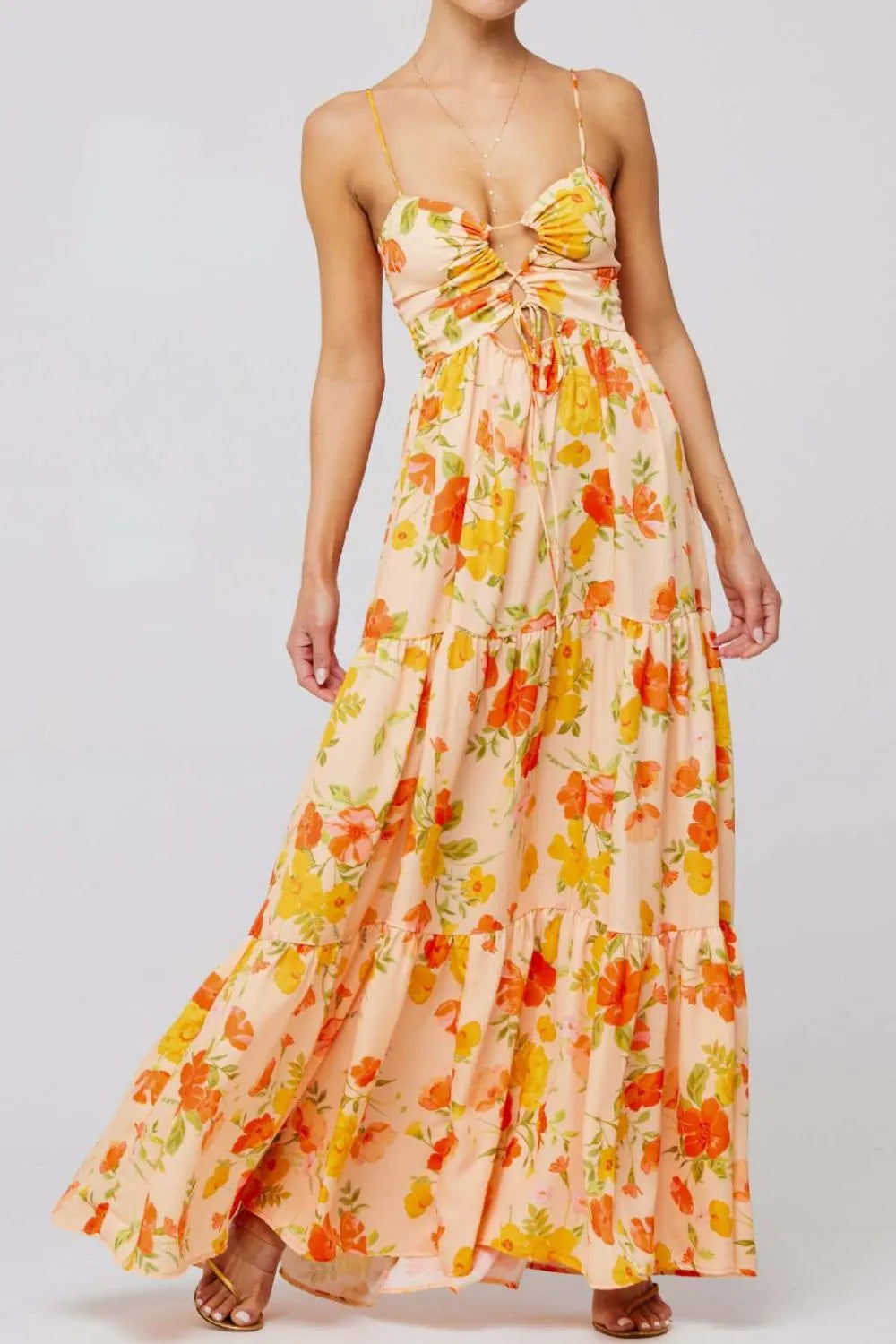 Floral print tie front tiered maxi dress in peach with orange yellow flowers