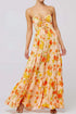 Floral print tie front tiered maxi dress in peach with orange yellow flowers