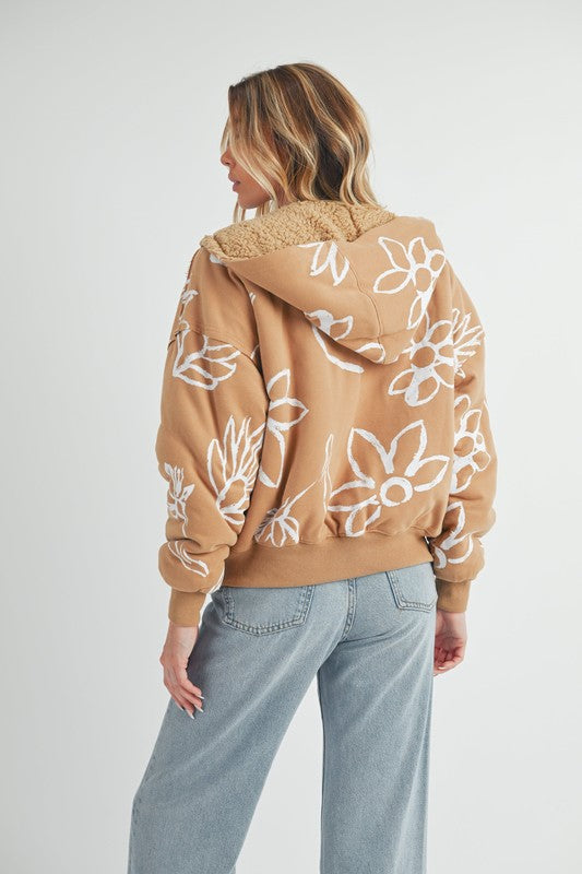 Aemi + Co Mustard Flower Print Zip Up Sherpa Hoodie Hoodies