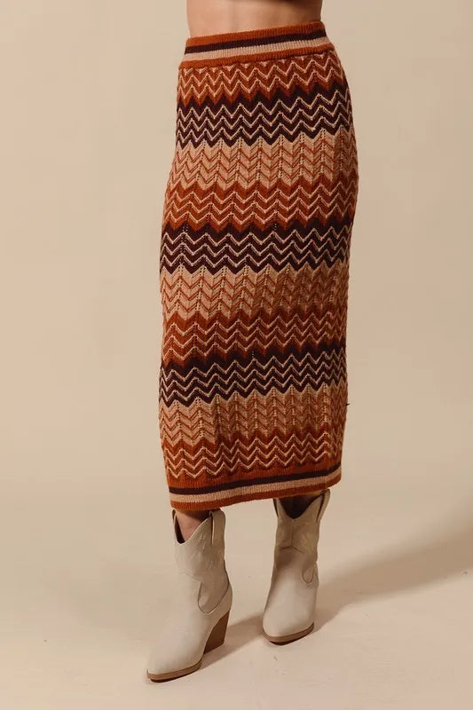 SO ME Multi Color Chevron Knit Skirt RUST DK MOCHA TAUPE