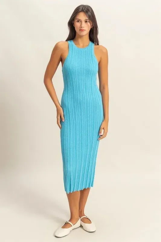 HYFVE Round Neck Blue Bodycon Ribbed Knit Dress - DAVERRI FASHIONS