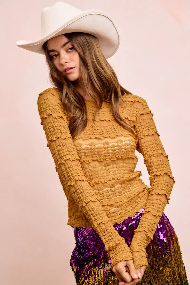 Mustard yellow textured BiBi Ruffles Detail sweater with lace accents