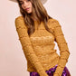 Mustard yellow textured BiBi Ruffles Detail sweater with lace accents