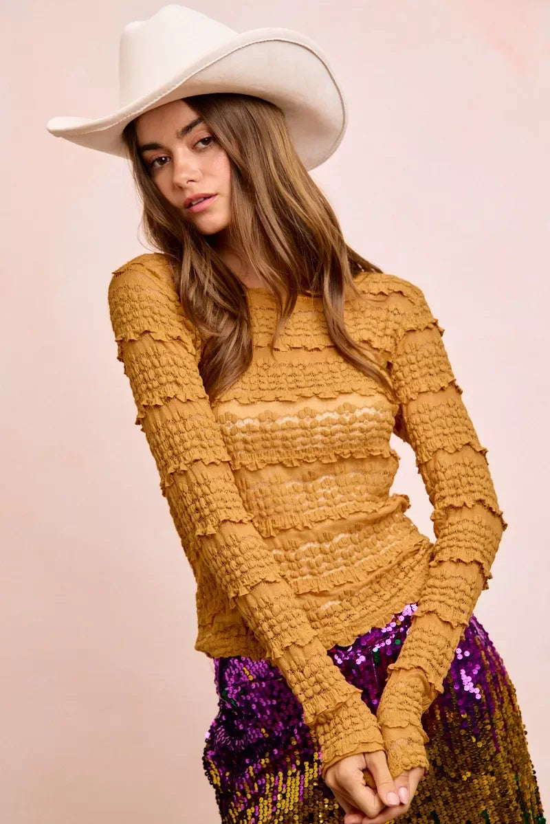 Mustard yellow textured BiBi Ruffles Detail sweater with lace accents