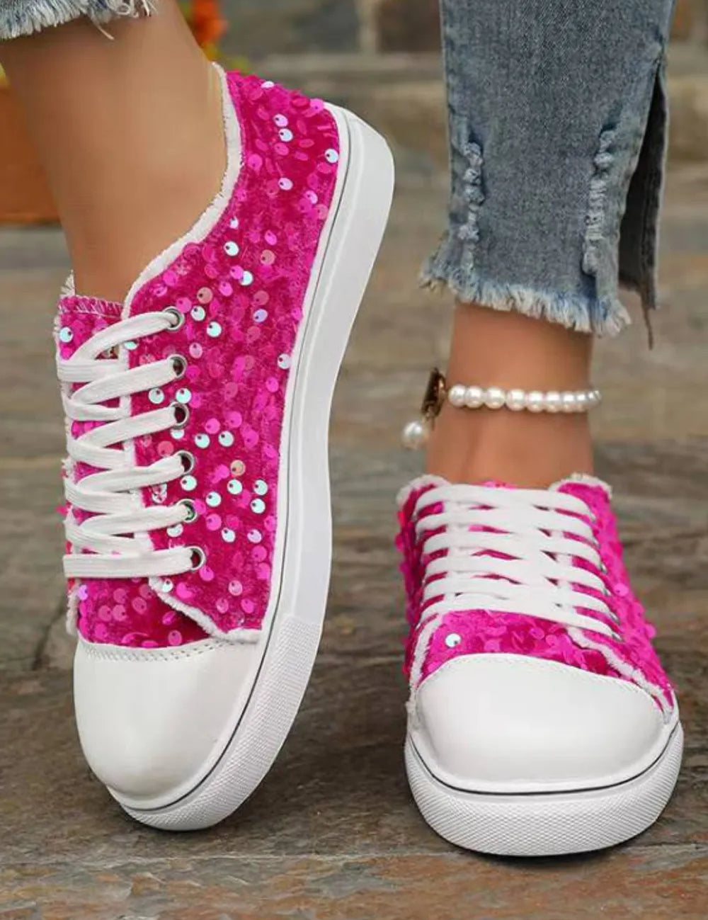 Hot Pink Sequin Round Toe Flat Sneakers | Sneakers Daverri Fashions