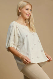 Umgee Full Size Linen Blend Ribbon Embroidered Top Plus Size | Daverri Fashions
