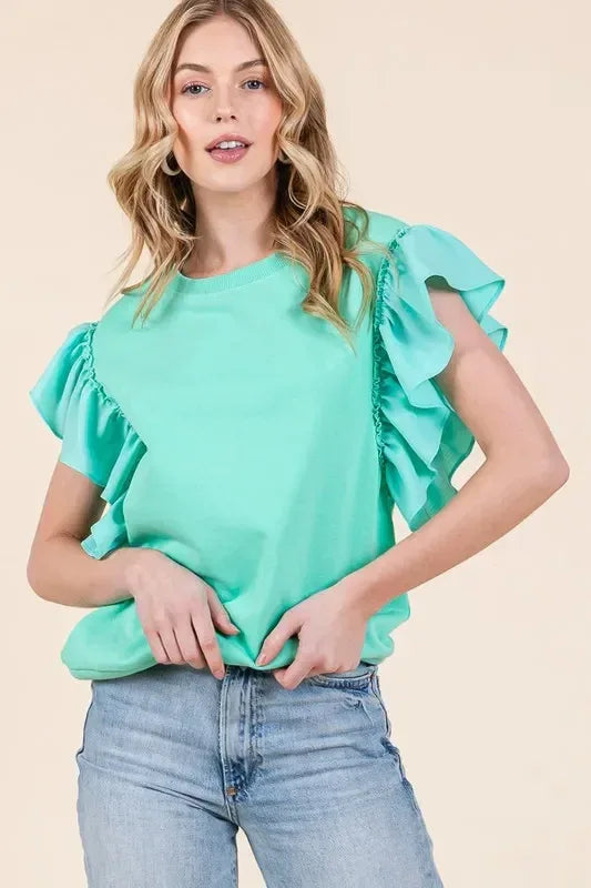 Lime 'N' Chili Solid Shoulder Ruffle Detail Round Neck Top - DAVERRI FASHIONS