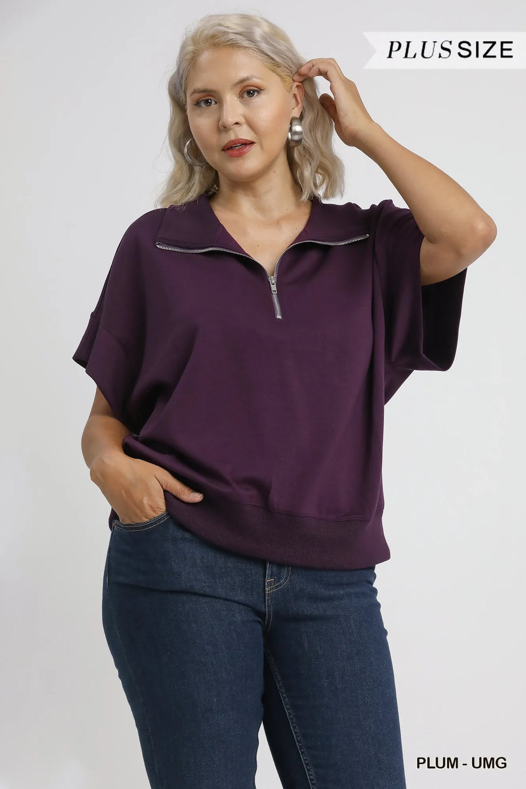 Umgee Full Size Half-Zip Short Sleeve Top Plus Size Tops