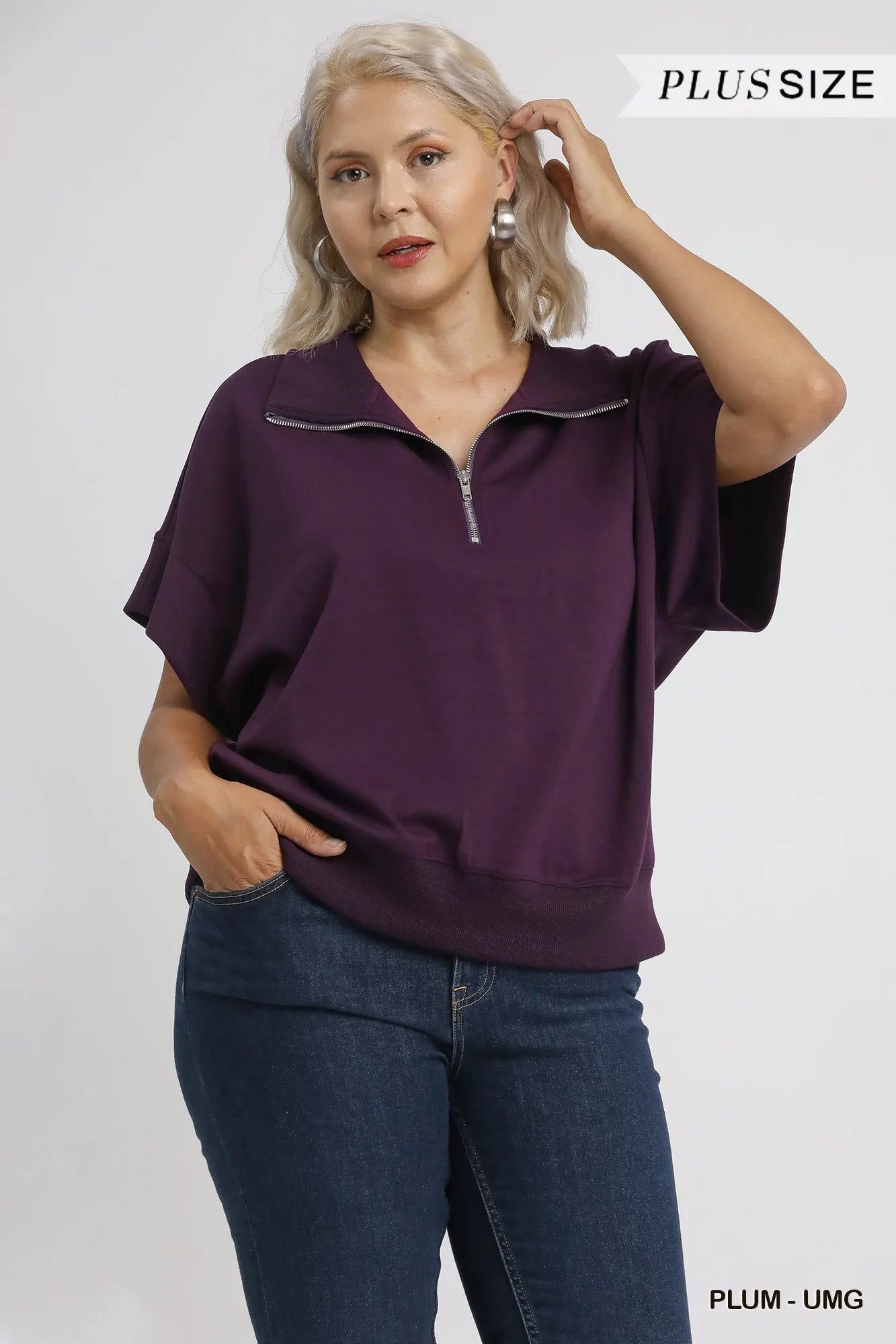 Umgee Full Size Half-Zip Short Sleeve Top Plus Size Tops