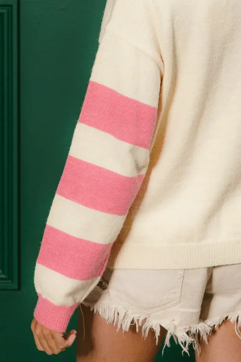 BiBi Colorful Floral Patched Sweater with Striped Sleeve - DAVERRI FASHIONS