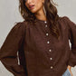 Brown embroidered 3D floral woven blouse with puff sleeves and silver buttons