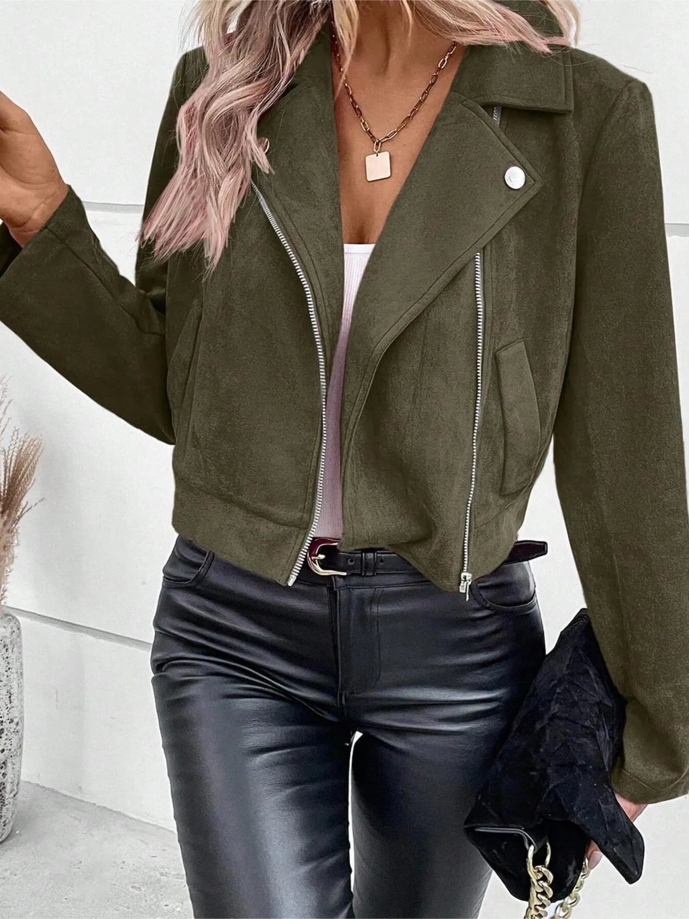 Zip Up Suede Cropped Moto Jacket | Jackets Daverri Fashions