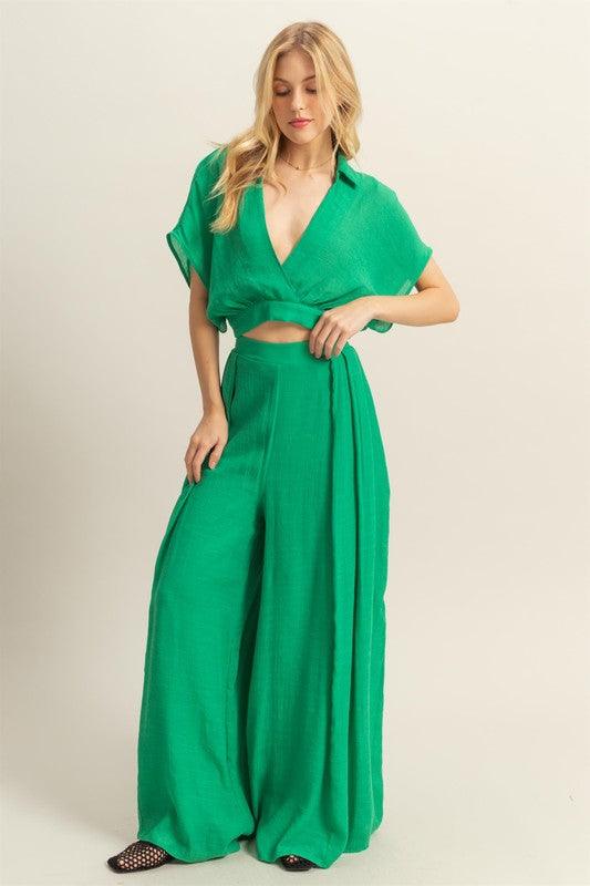 HYFVE Green Kimono Sleeve Crop Top and Wide Leg Pants Set Green L Outfit Sets