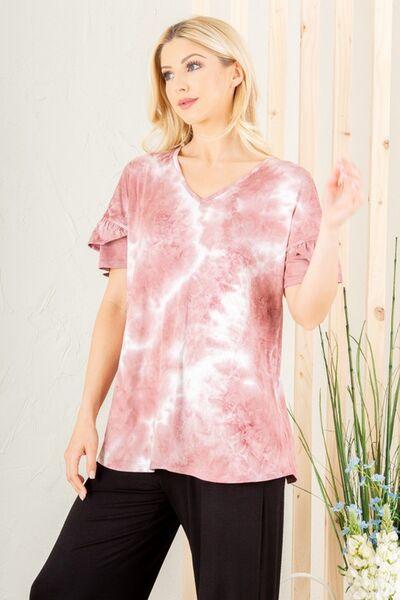 Heimish Full Size Ruffled Sleeve Tie Dye Top Plus Size