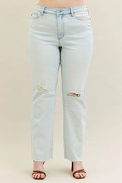 Light blue distressed high-waisted Judy Blue bootcut jeans with fray hem