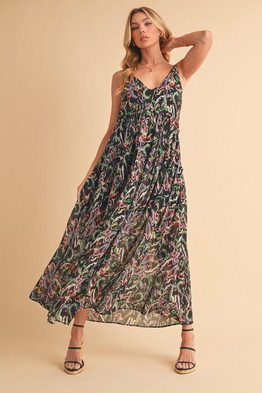 Aemi + Co Printed V-Neck Frill Tiered Cami Dress Black Multicolor S Cami Dresses