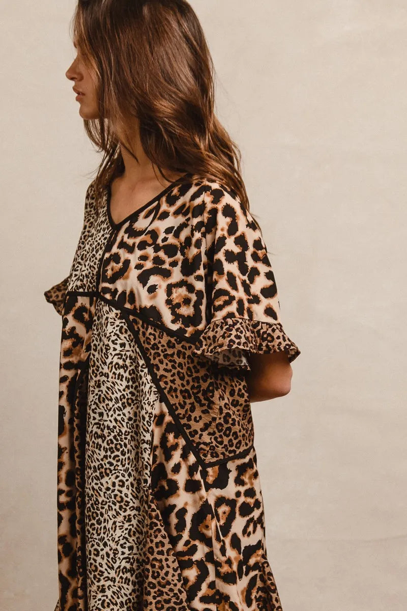 BiBi Leopard Prints Mix and Match Short Sleeves Dress Mini Dresses
