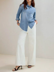 White linen wide-leg pants with high waist and relaxed fit from Daverri Fashions