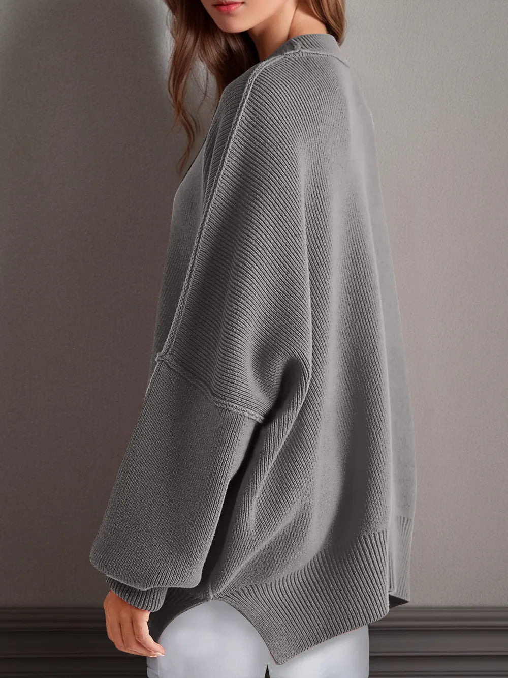 Side Slit Round Neck Long Sleeve Sweater | Sweaters Daverri Fashions