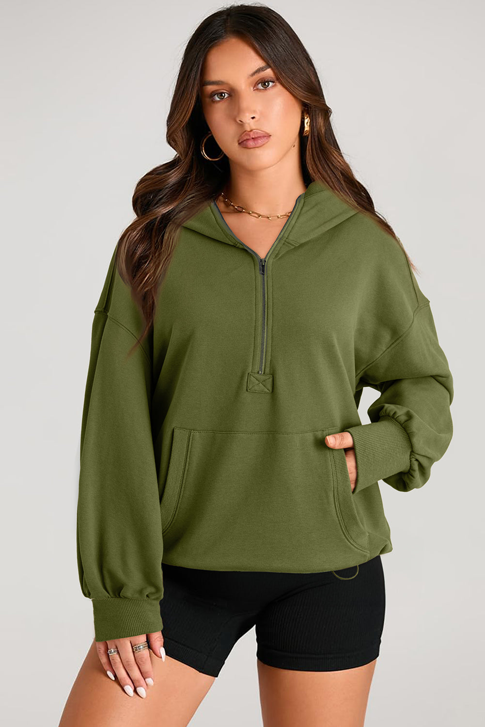 Pocketed Half Zip Long Sleeve Hoodie Army Green Tops