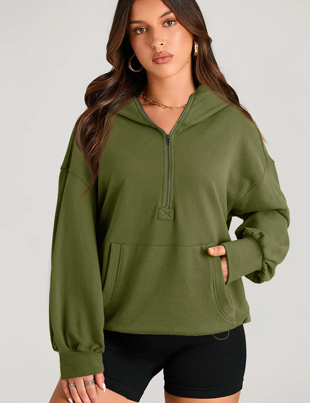 Army Green Pocketed Half Zip Long Sleeve Hoodie | Hoodies Daverri Fashions