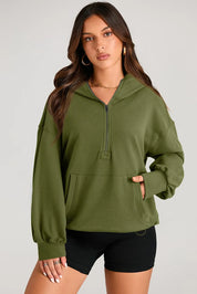 Army Green Pocketed Half Zip Long Sleeve Hoodie | Hoodies Daverri Fashions