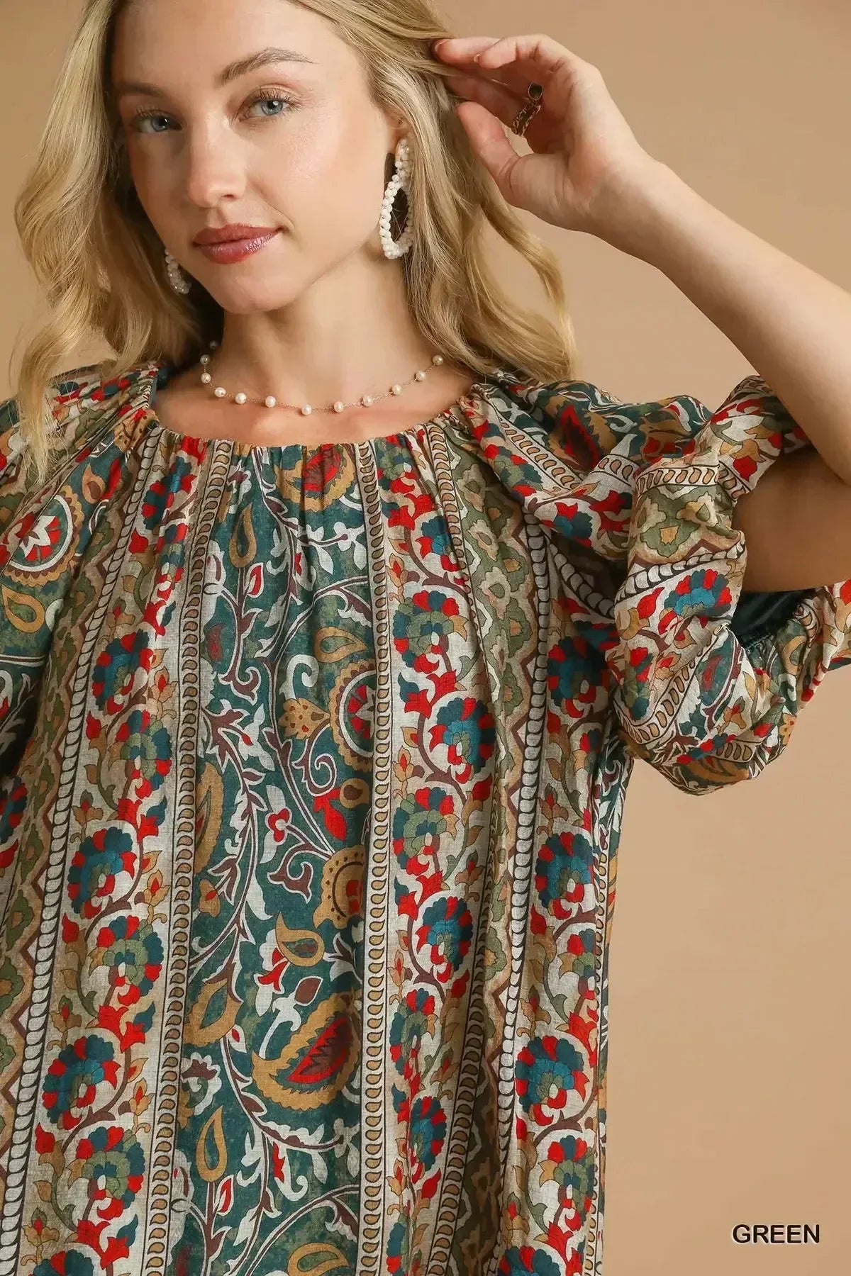 Umgee Boho Floral Stripe Puff Sleeve Blouse - DAVERRI FASHIONS