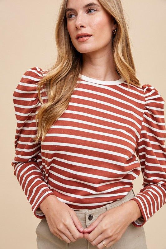 Annie Wear Striped Round Neck Puff Sleeve French Terry Top Rust Tops