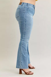 Light blue high-waisted Judy Blue bell-bottom jeans with button fly