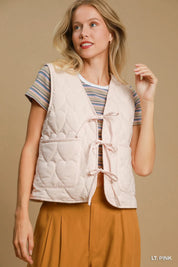 LT. PINK Umgee Heart Quilted Tie-Front Vest | Vests Daverri Fashions