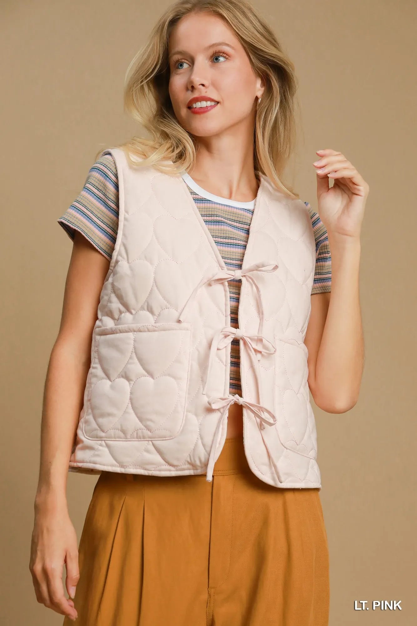 Umgee Heart Quilted Tie-Front Vest LT. PINK Vests