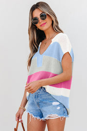 Color Block Notch V Neck Knit Sweater | Sweaters Daverri Fashions